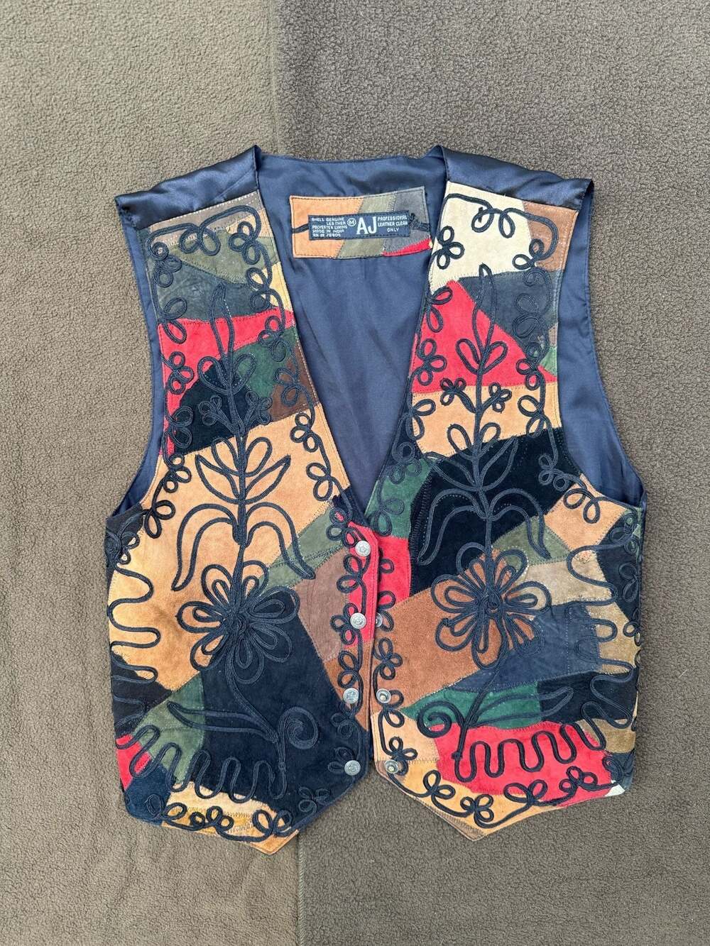 AJ Vintage Patchwork Suede Leather Embroidered Vest Size M